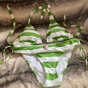 White Shimmering Green Lined Adjustable Swimsuit Never Used